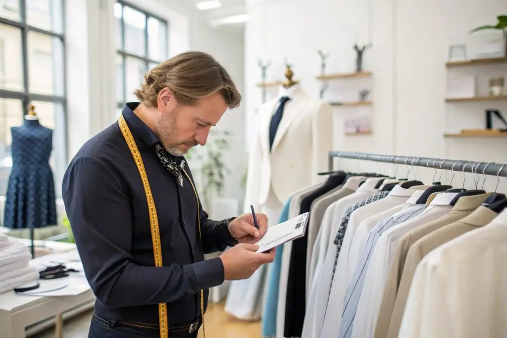 Boutique owner inspecting formal shirts