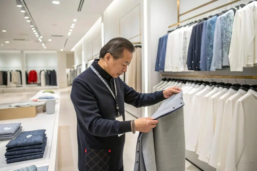 Boutique owner checking suit quality