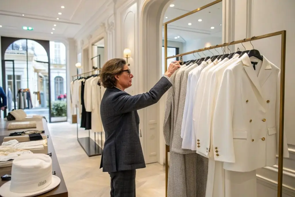 Boutique owner inspecting new suits