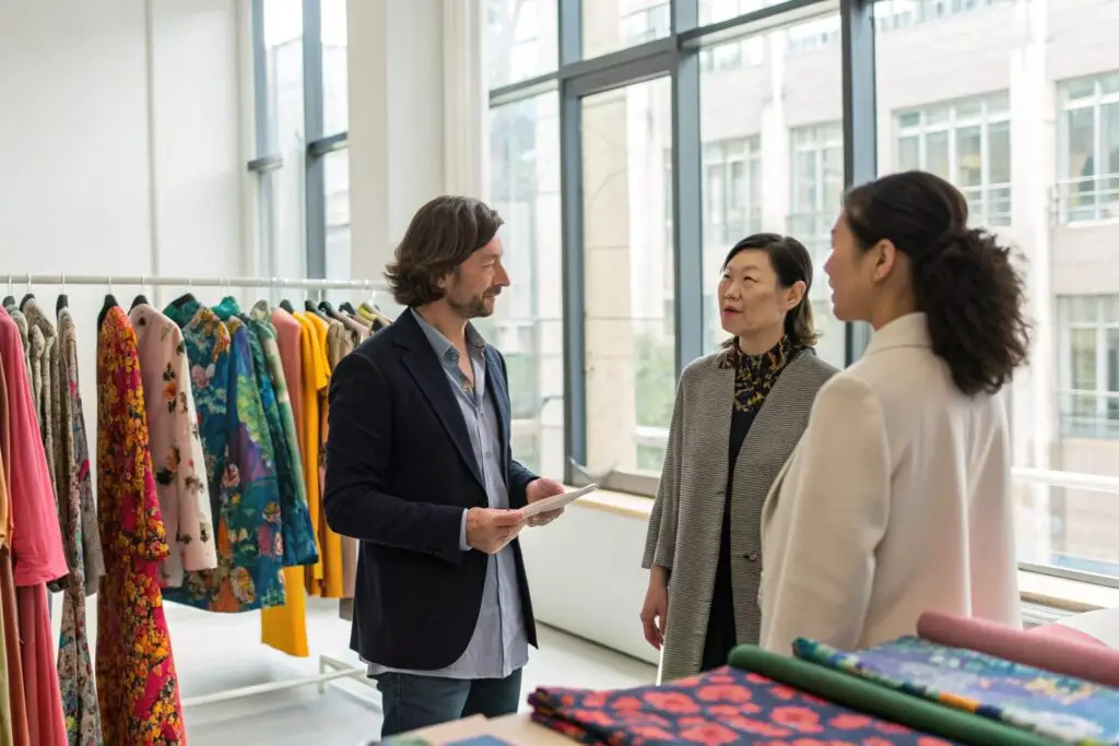 Fashion brand team discussing new designs