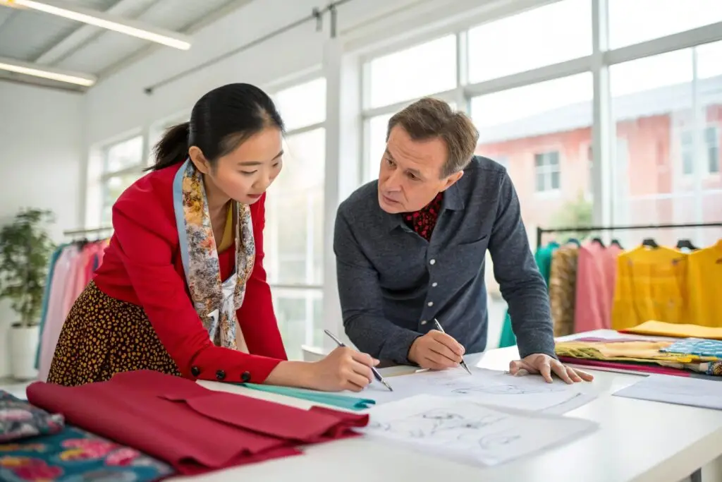 Fashion brand owner collaborating on new designs