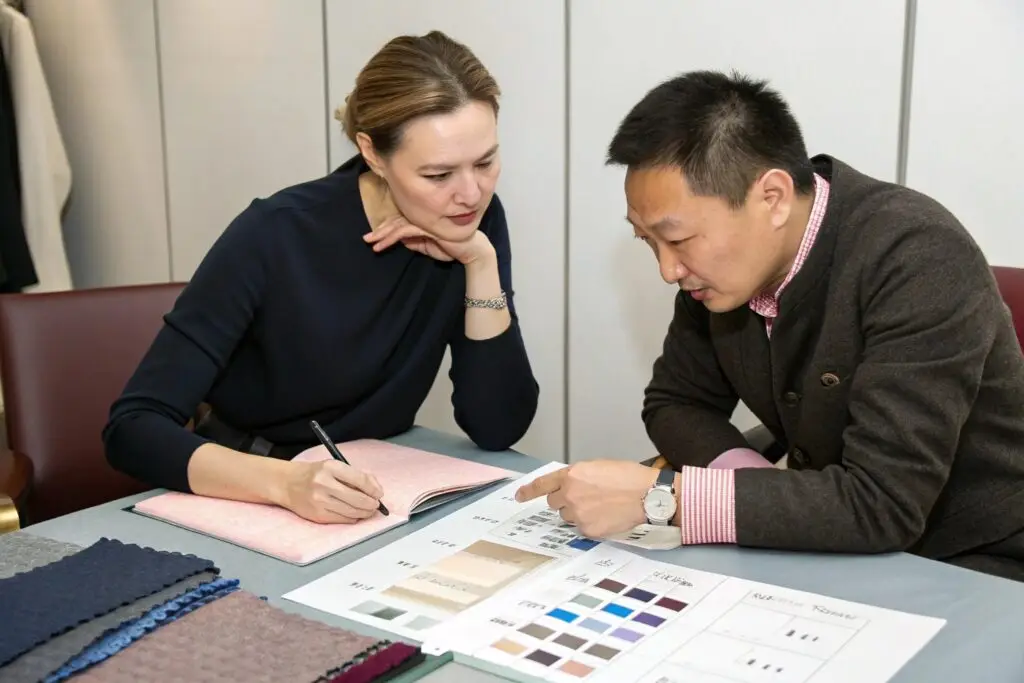 Fashion buyer and supplier discussing fabric color samples