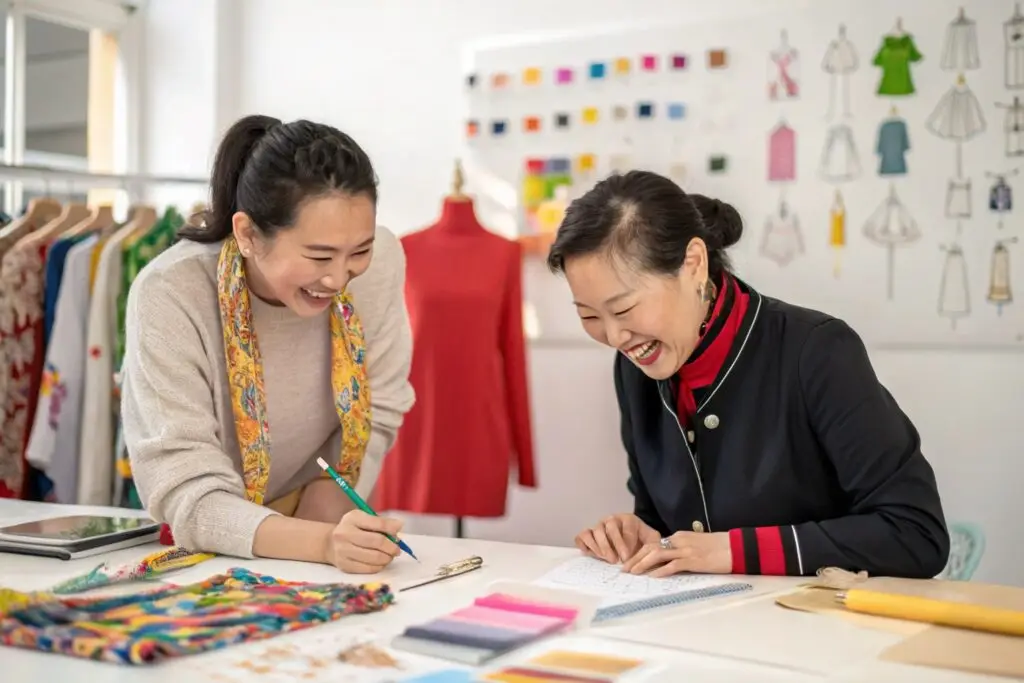 Fashion brand owners discussing new designs