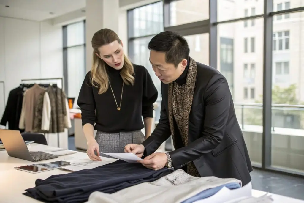 Fashion supplier and buyer reviewing garment samples