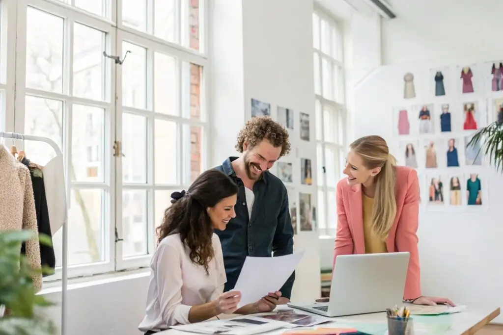 Fashion brand team discussing new designs