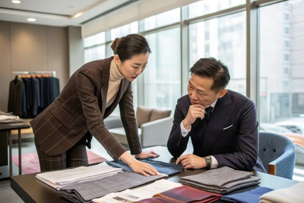 Fashion buyer and supplier discussing fabrics