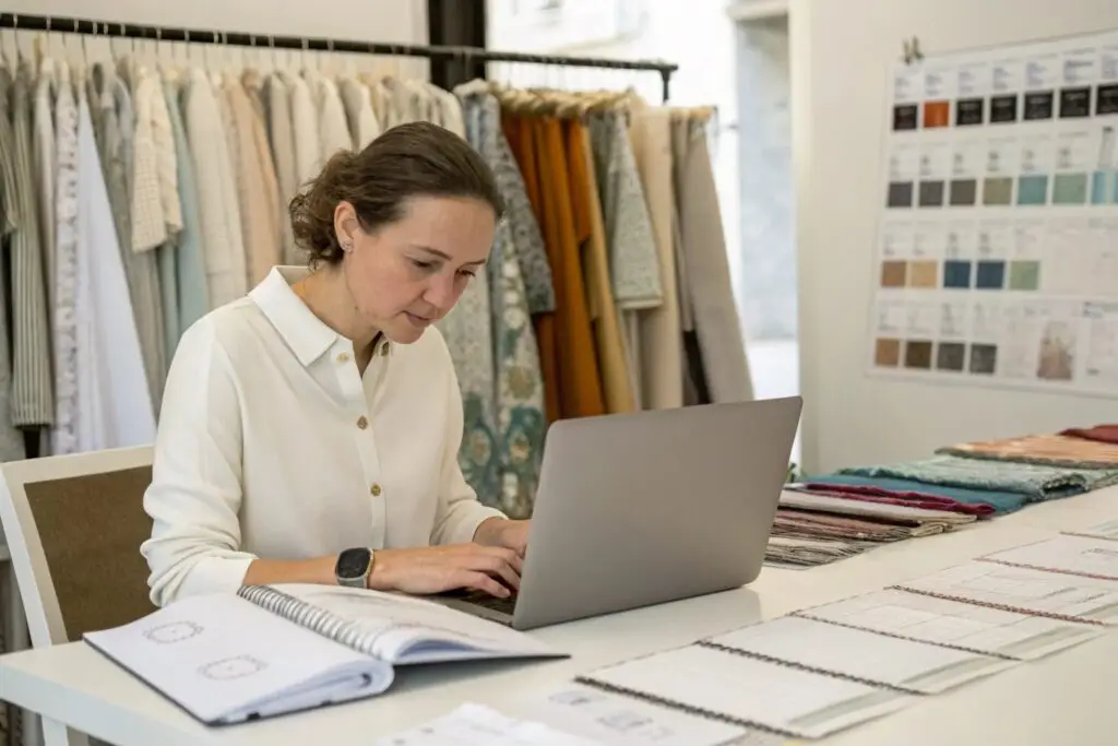 European fashion buyer analyzing samples