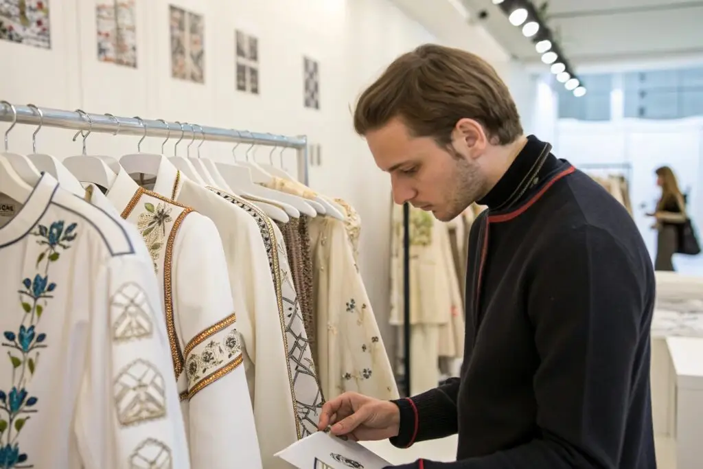 Fashion buyer checking embroidery details
