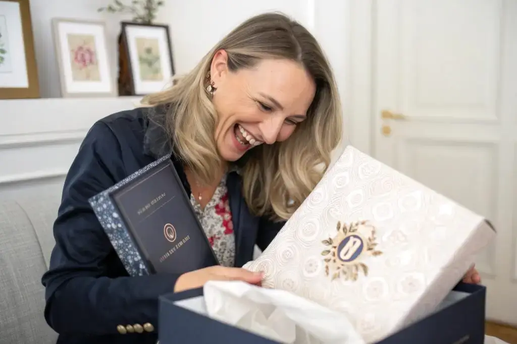 Happy customer opening fashion package