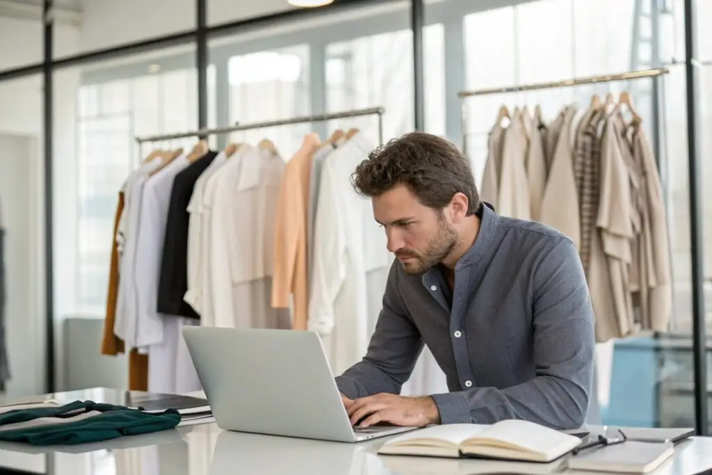 European fashion entrepreneur working at laptop