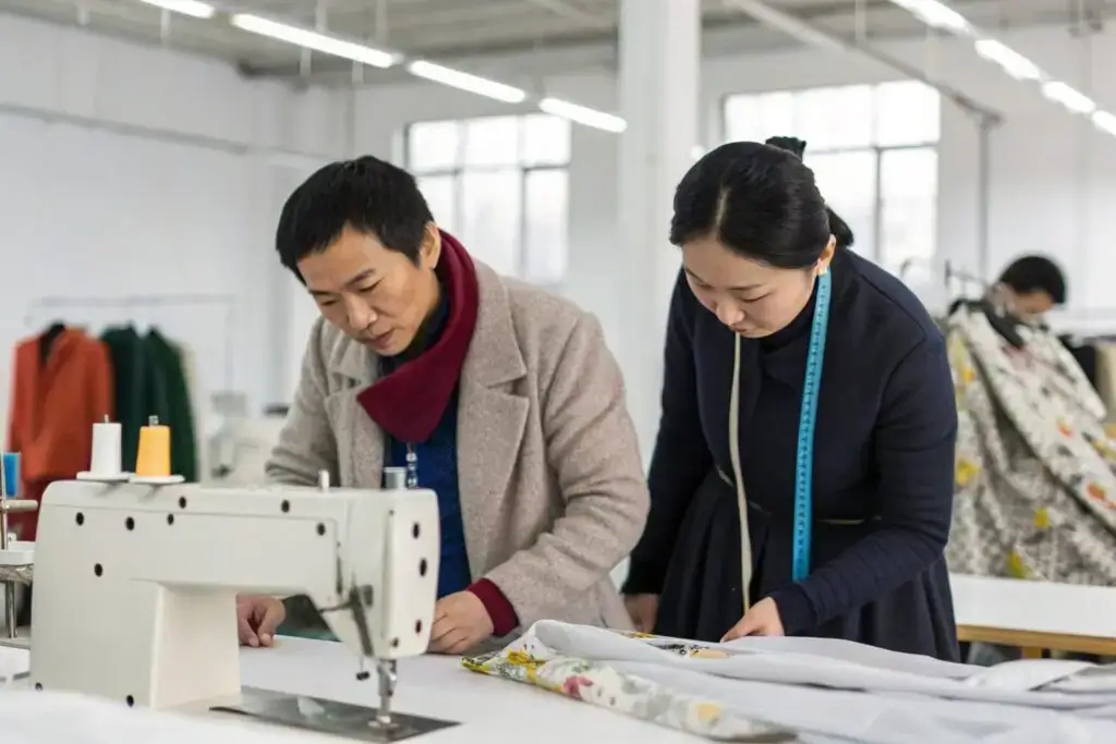 Garment designers reviewing stitching details