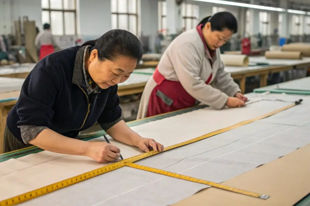 Pattern makers measuring and marking fabric