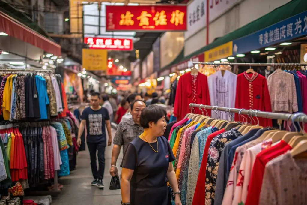 Shoppers exploring colorful clothing market