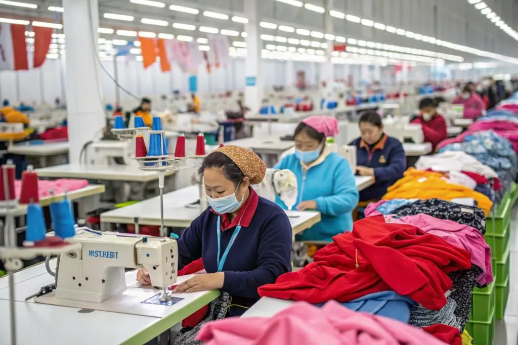 Garment workers sewing colorful clothing