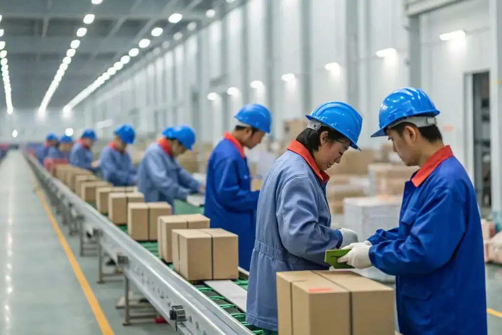 Workers packing products in a Chinese factory's assembly line