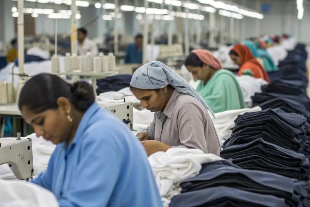 Workers in a Bangladeshi garment factory sewing clothes