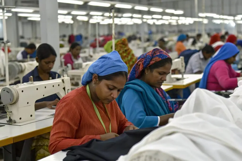 Workers sewing in a garment factory with machines and fabric