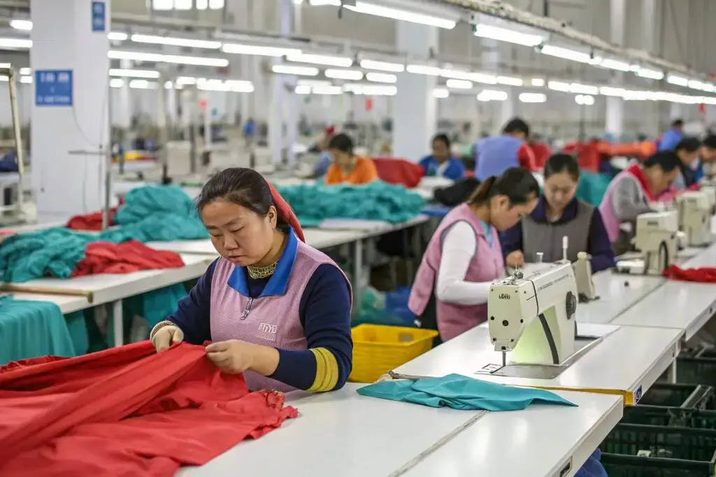 Workers in a bustling garment factory