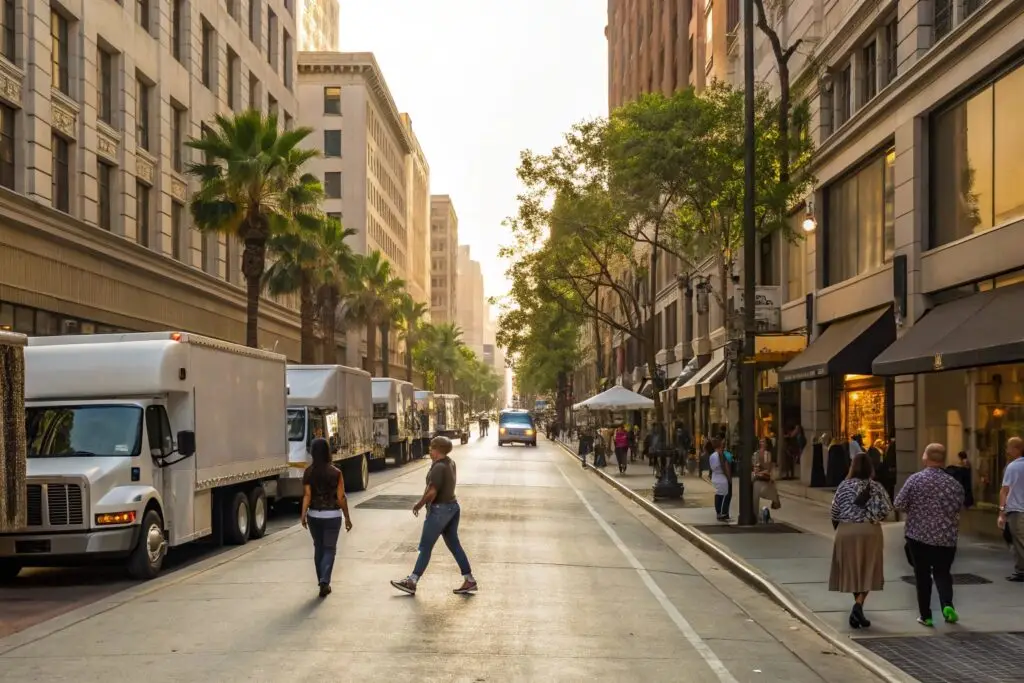 Bustling street scene in downtown with shoppers and delivery trucks