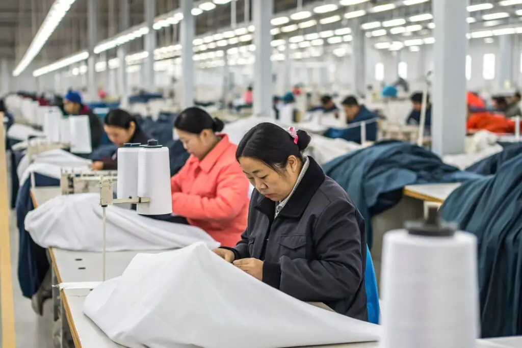 Workers sewing in a busy Chinese garment factory
