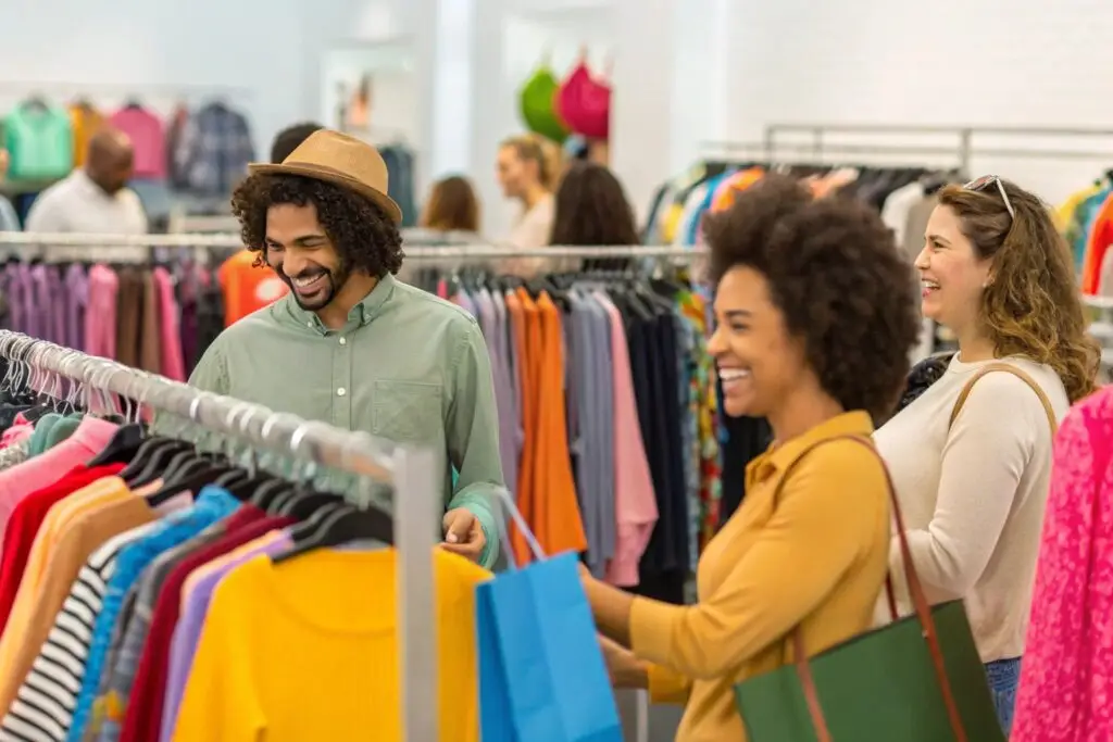 Shoppers enjoying a vibrant clothing store