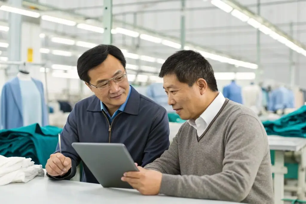 Two factory workers reviewing data on a tablet in a clothing factory