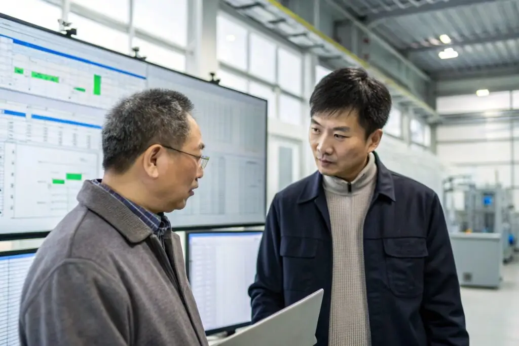 Chinese factory managers discussing production data in an office with large screens