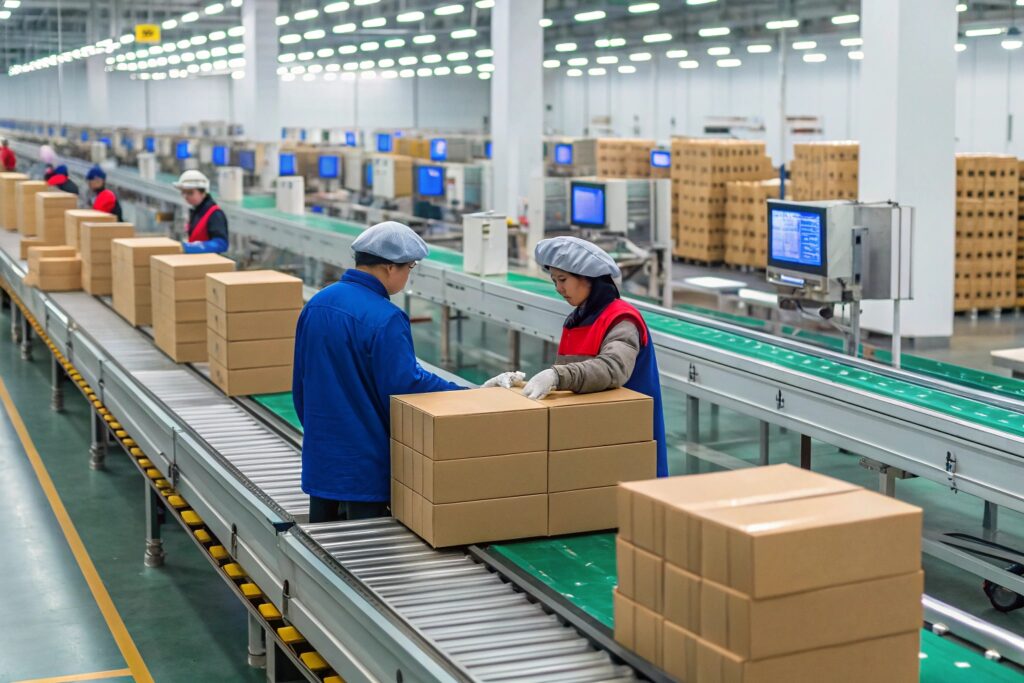 Workers packing boxes on a production line in a large factory