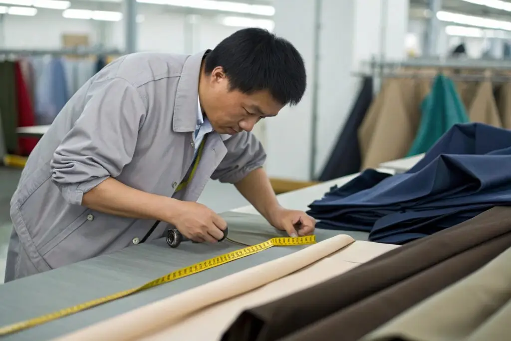 Workers measuring fabric for garment production