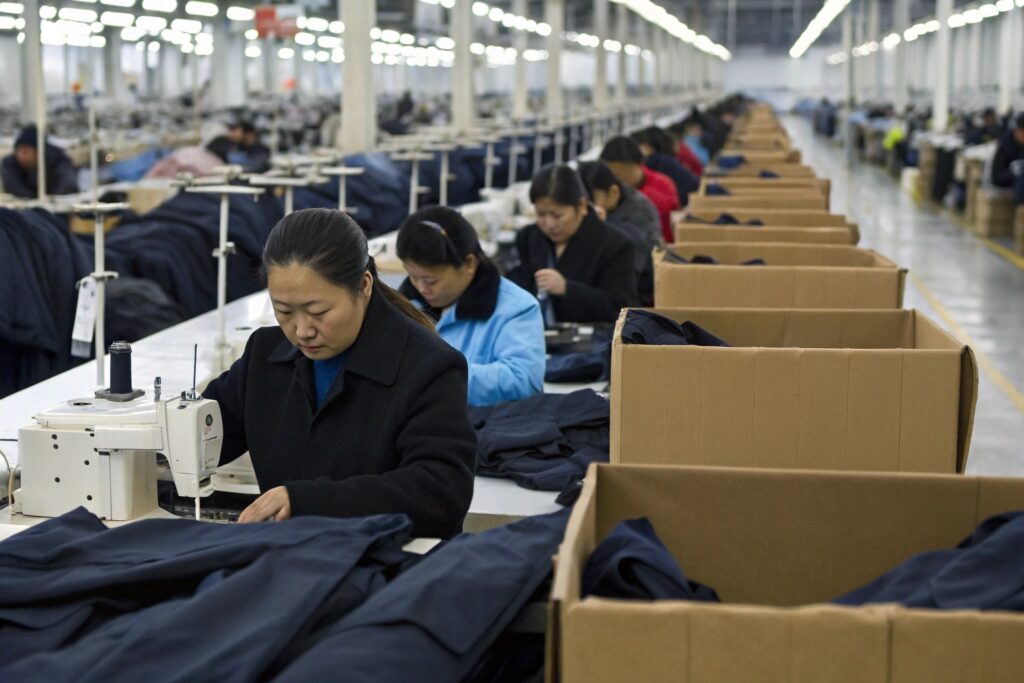 Workers sewing garments in a large Chinese textile factory production line