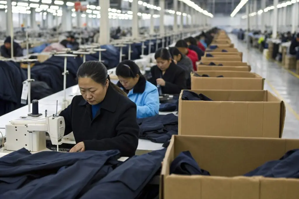 Workers sewing garments in a large Chinese textile factory production line