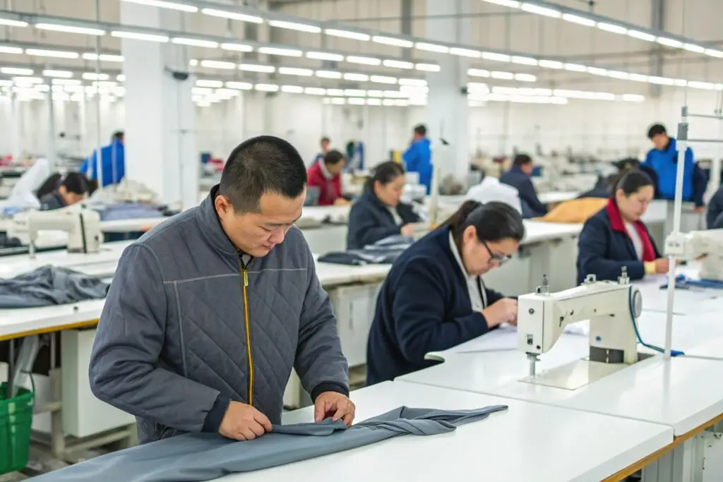Chinese garment factory workers sewing garments