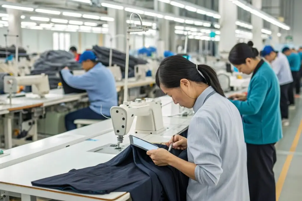 Workers in a Chinese garment factory sewing and inspecting garments on the production line