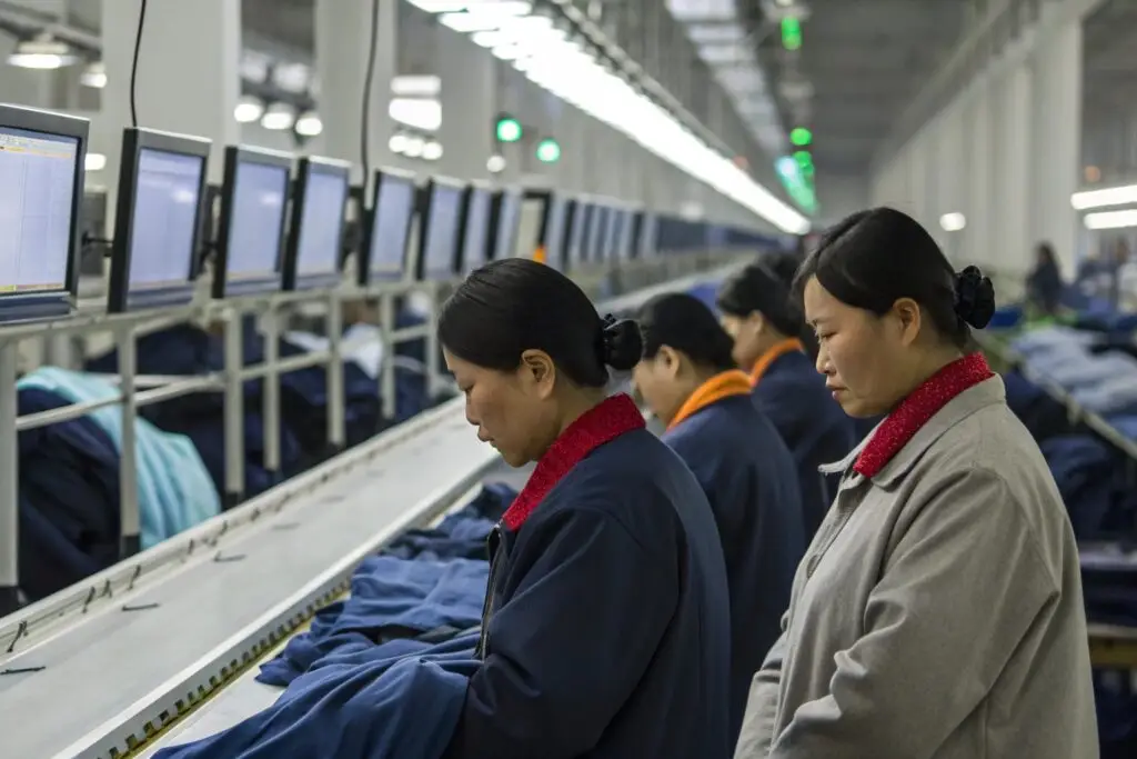 Workers monitoring garments on production line with computers