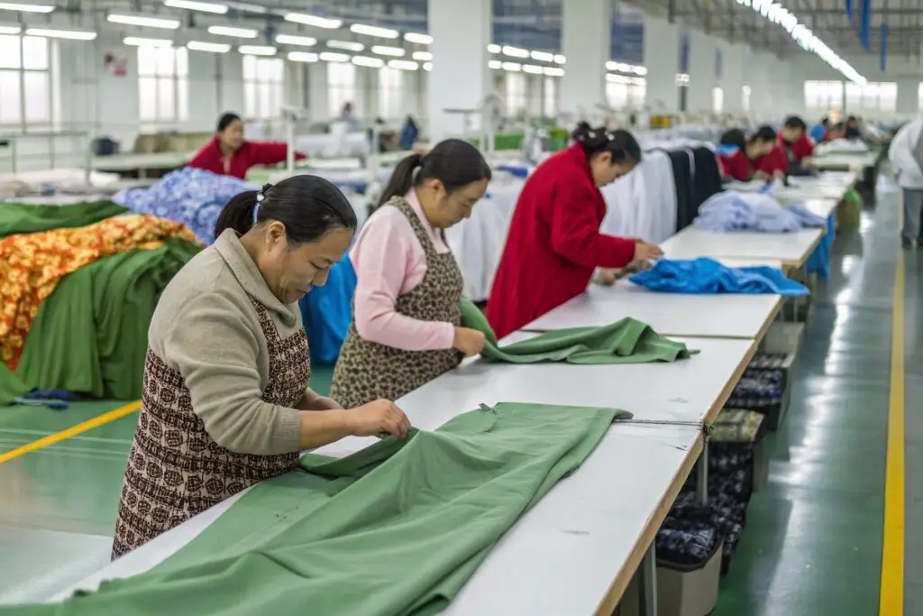 Workers folding garments on the factory floor
