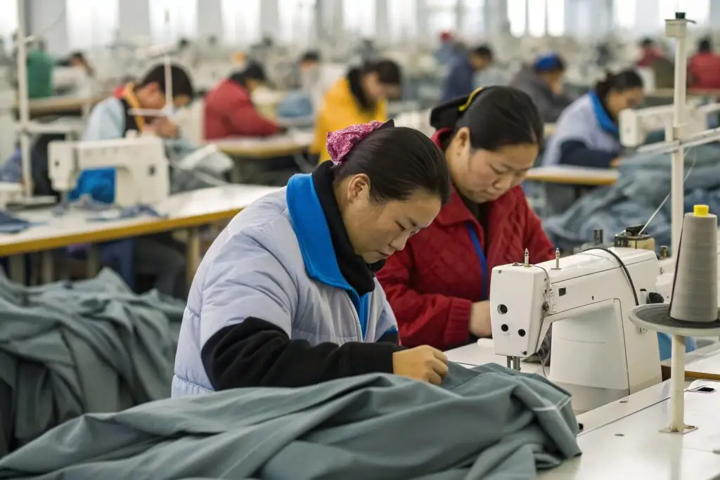 Workers sewing garments in a large-scale factory