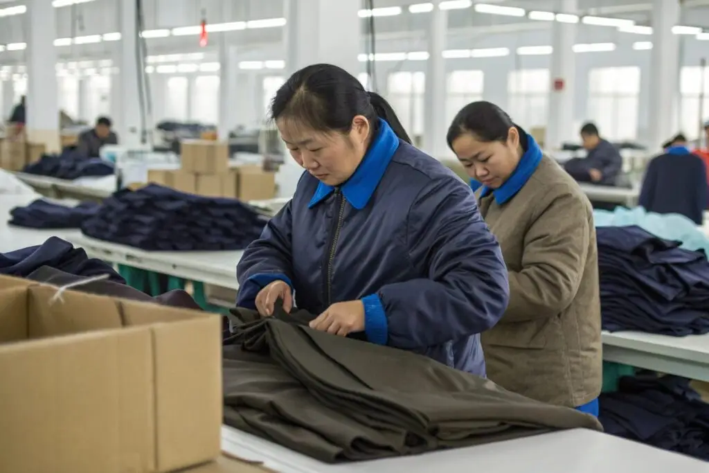 Workers folding finished garments in a clothing factory