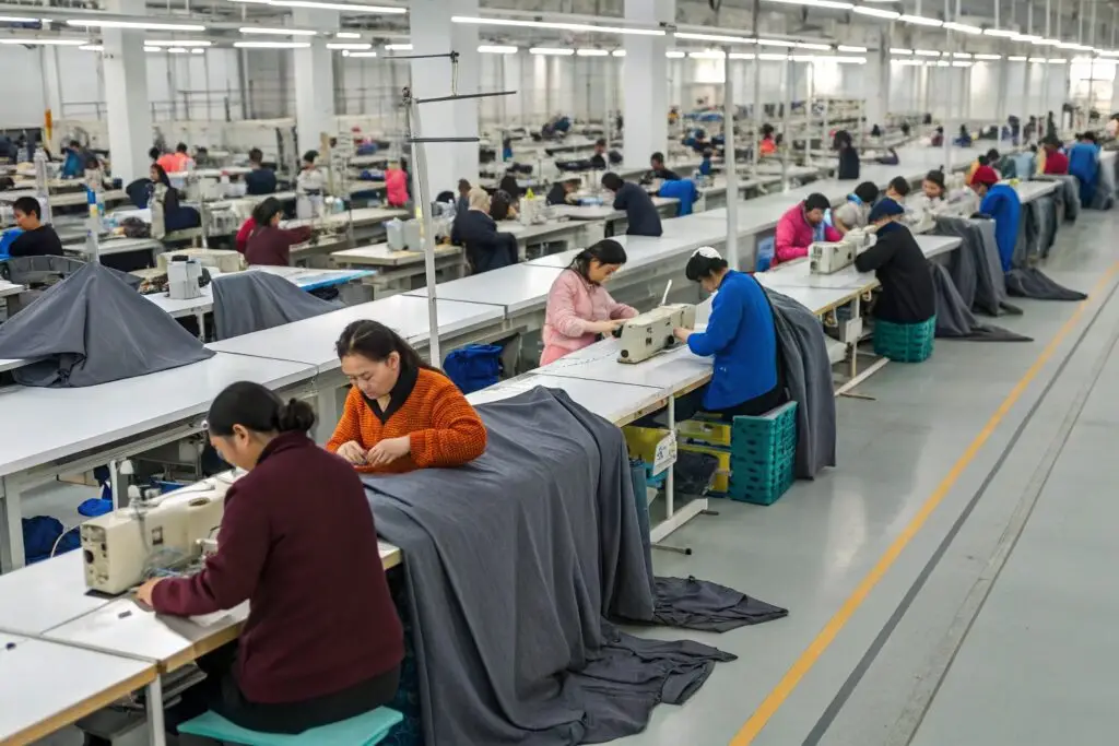 Workers sewing garments in a clothing factory
