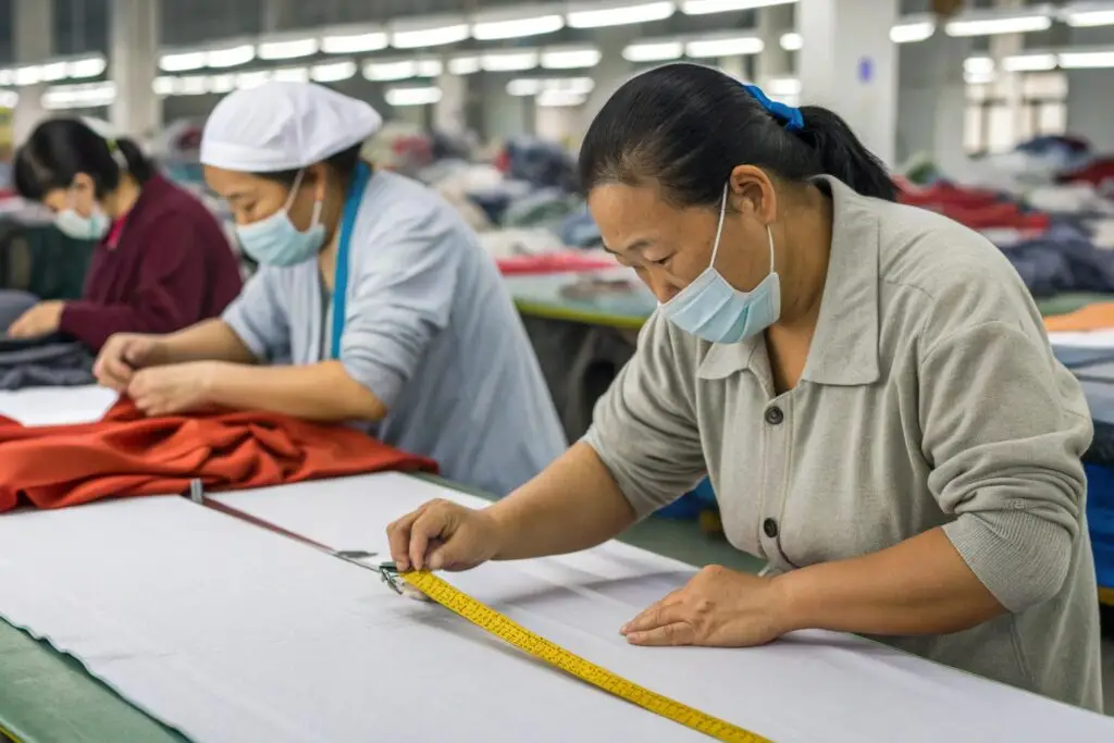 Workers measuring and preparing fabric in a garment factory