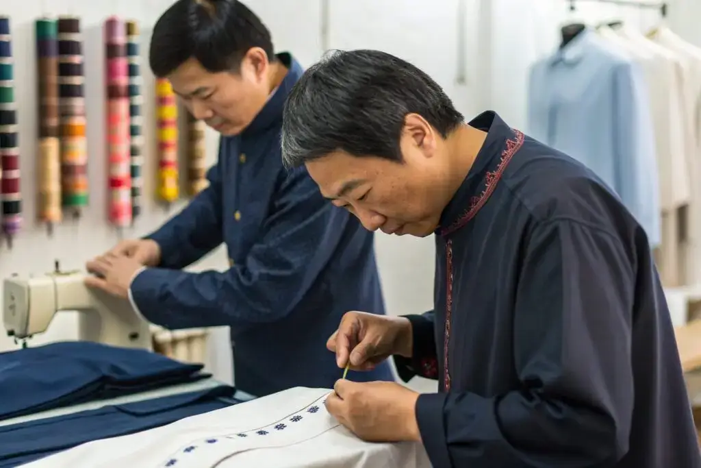 Chinese garment workers adding embroidery to clothes in a factory