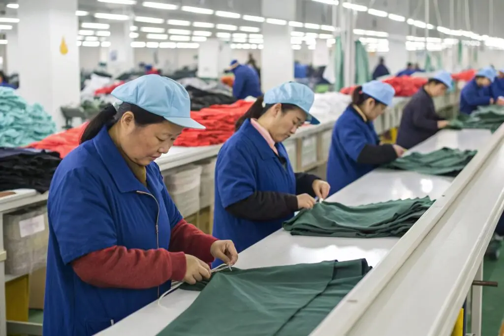 Chinese production floor with workers folding garments