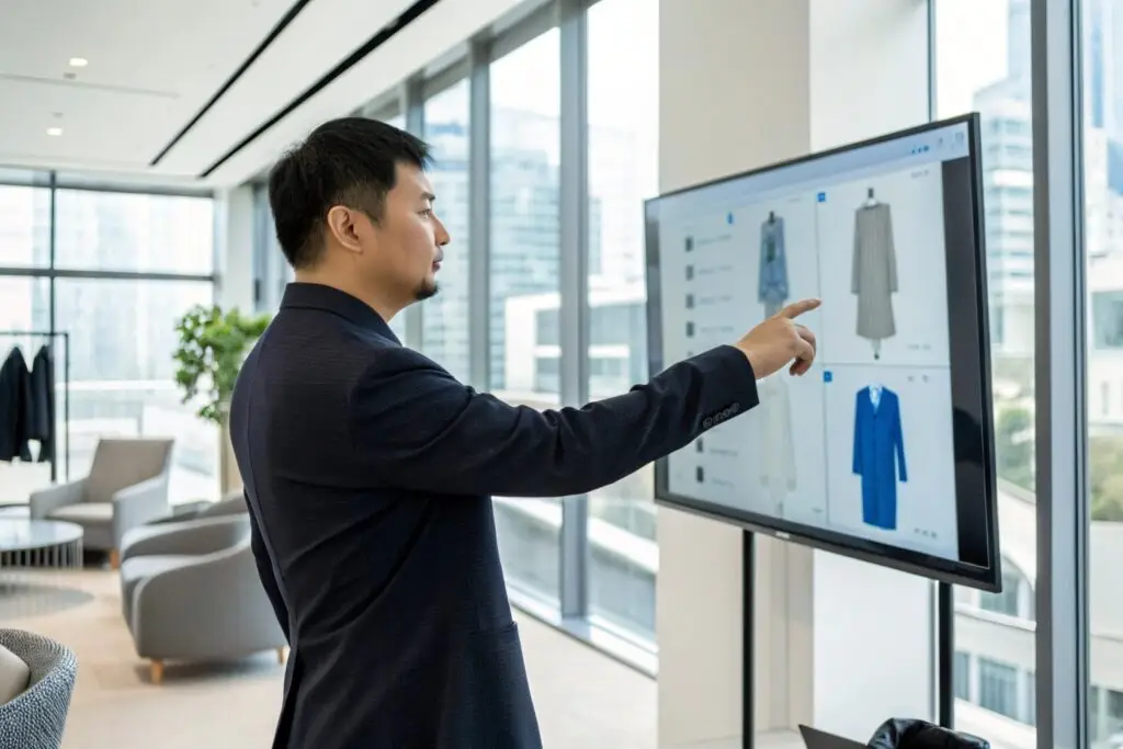 Chinese supply chain manager using a digital display to manage clothing inventory