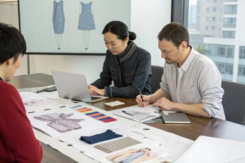 Multicultural team of fashion designers collaborating on new children's clothing designs, reviewing fabric samples