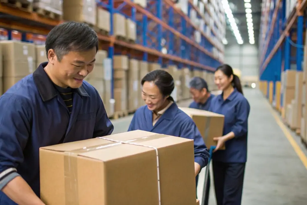 Chinese warehouse team loading packages onto a cart in the storage area