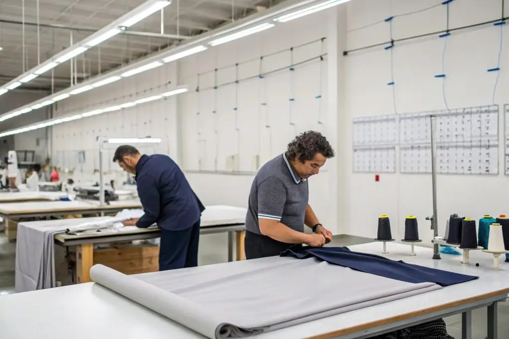 Workers cutting and preparing fabric in a clean, modern apparel factory