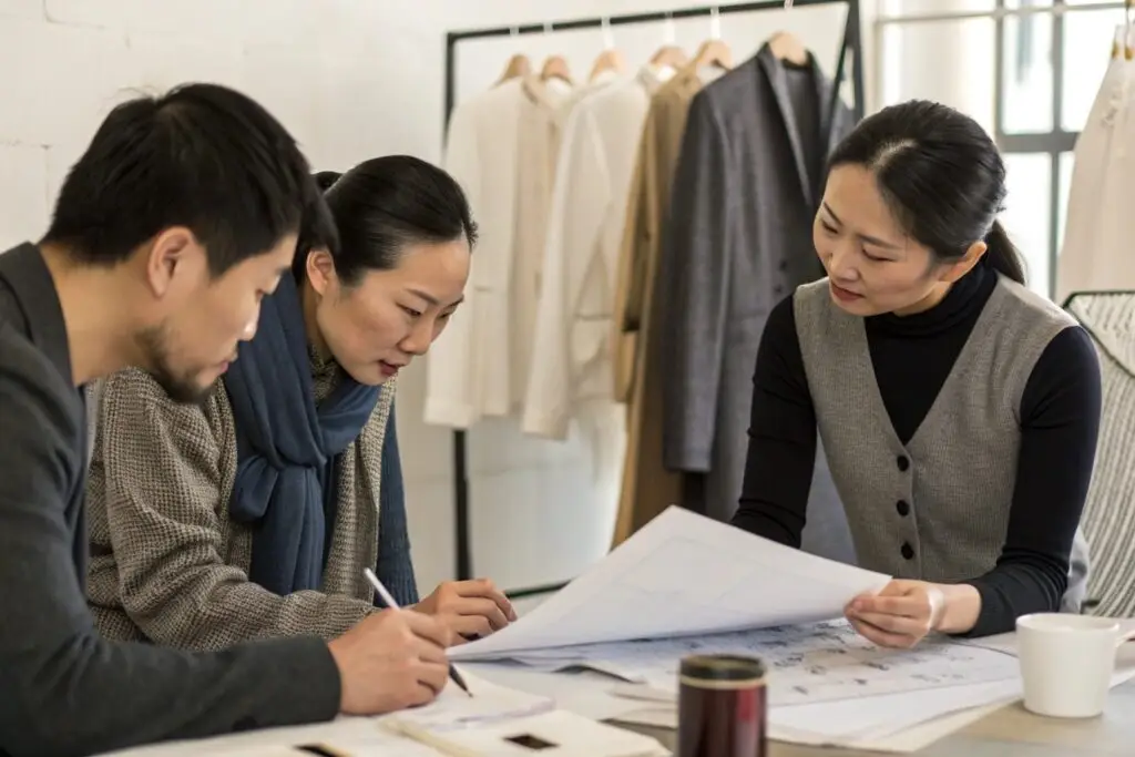 Design team discussing clothing designs
