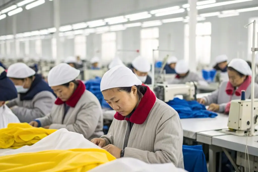Workers sewing garments at Fumao clothing factory