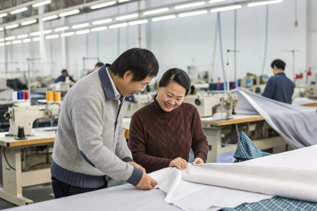 Fumao staff inspecting fabric quality in clothing factory
