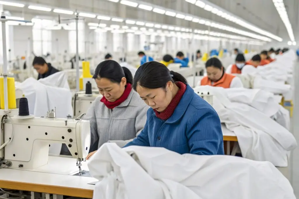 Fumao workers sewing garments on production line