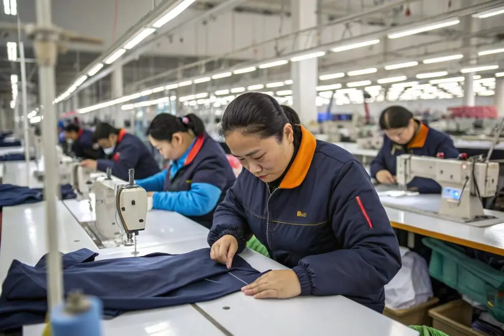 Workers sewing in a clothing factory